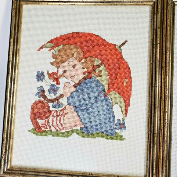 Cross Stitch Pictures Rainy Day Umbrella Children Framed 9x11" - Picture 4 of 6